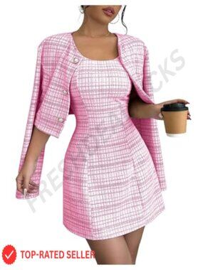 2 Piece Plaid Button Front Cropped Jacket & Mini Tank Dress Set